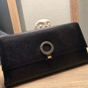 Bulgari Black Textured Leather Clutch with Signature Circular Logo
